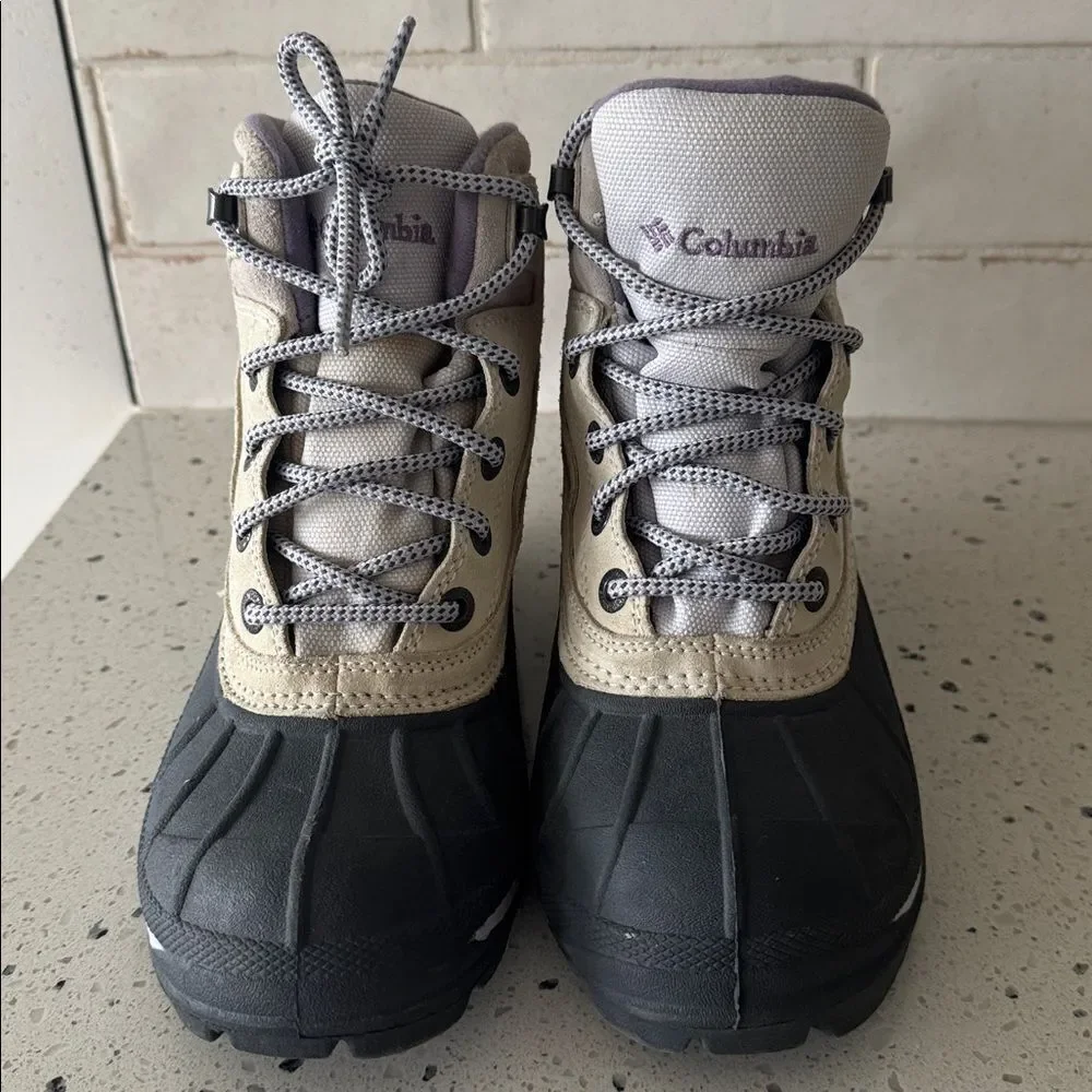Columbia Snow King Women’s Leather Rubber Beige Gray Purple Snow Boots Size 6.5